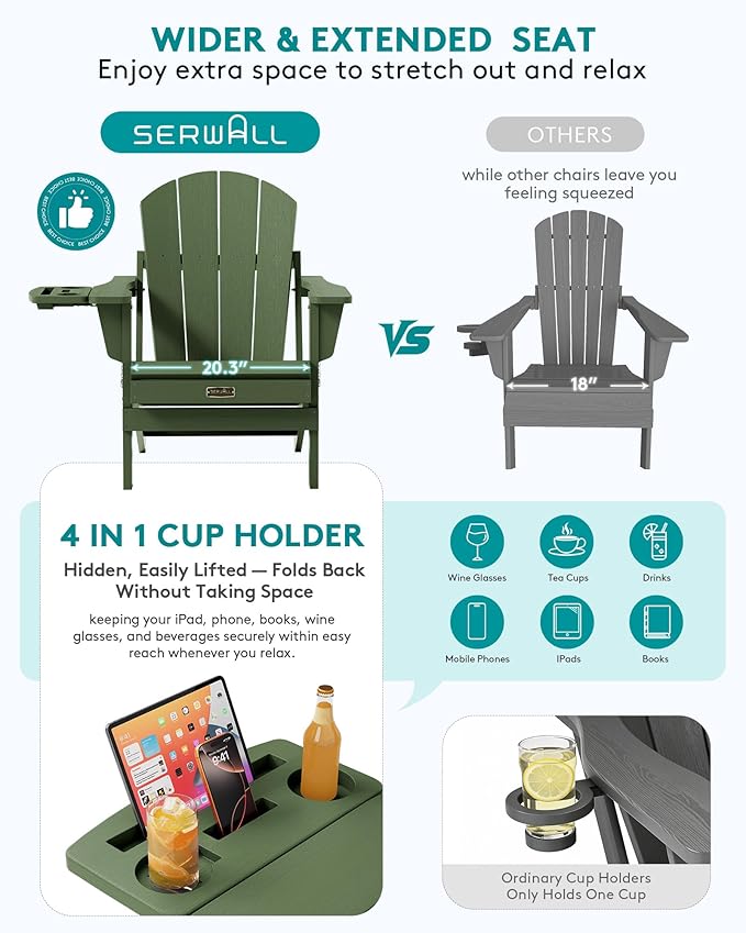 SERWALL Folding Adirondack Chair, Paito Adirondack Chairs with 4-in-1 Multi-Functional Cup Holder, Outdoor Chairs - Photo 6
