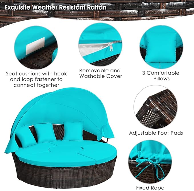 Tangkula Patio Round Daybed with Retractable Canopy, Outdoor Wicker Rattan Furniture Sets - Photo 8