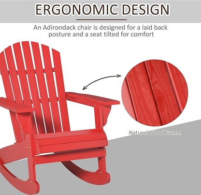 Outsunny Wooden Adirondack Rocking Chair Outdoor Lounge Chair Fire Pit Seating with Slatted Wooden Design, Fanned Back, & Classic Rustic Style for Patio, Backyard, Garden, Lawn, Red