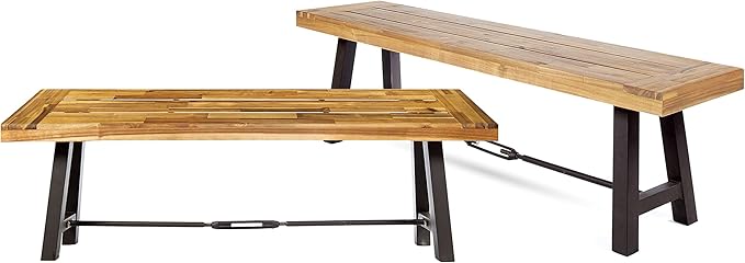 Christopher Knight Home Catriona Outdoor Dining Benches - Acacia Wood - Teak/Rustic Metal (Set of 2) - Photo 1