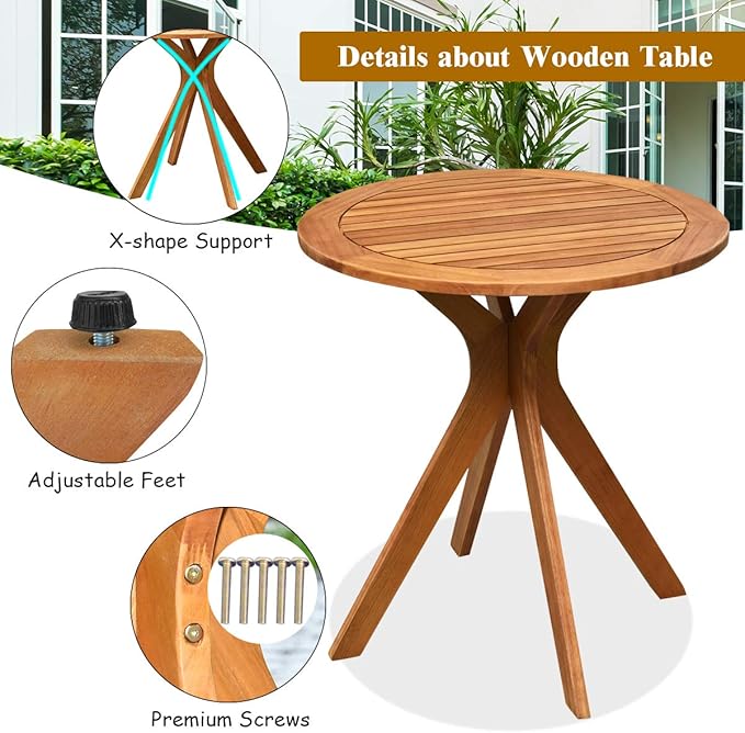 Tangkula 27.5 Inch Eucalyptus Wood Outdoor Patio Bistro Table, Round Wooden Table w/X Base, Coffee Side Bistro Table for Garden, Backyard, Patio, Living Room (Teak)