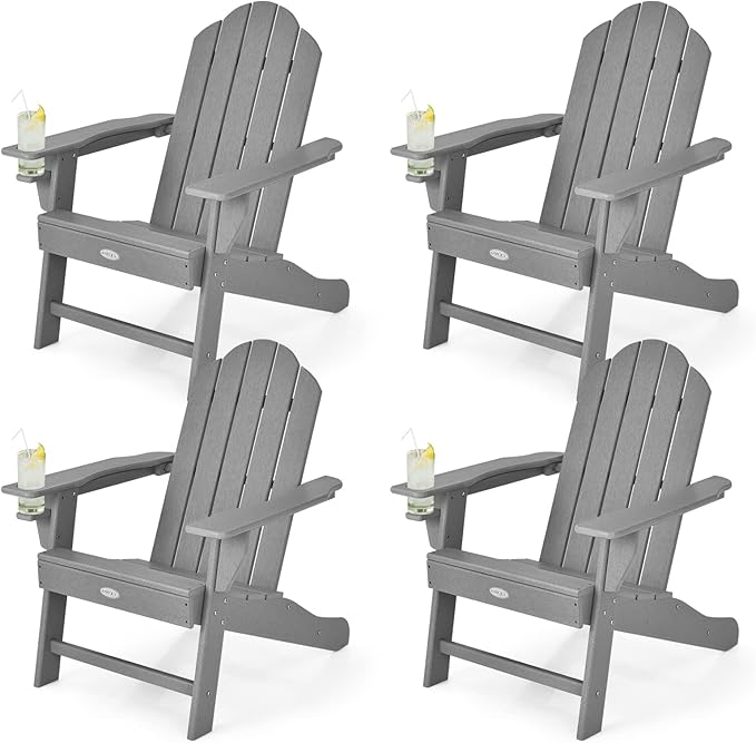 Tangkula Adirondack Chair Outdoor, Fade Resistant HDPE Armchairs with Cup Holder, Weather Resistant Lounger Chairs for Patio Garden Backyard Deck, Lawn Porch Seating, Adirondack Lounger (4, Grey)