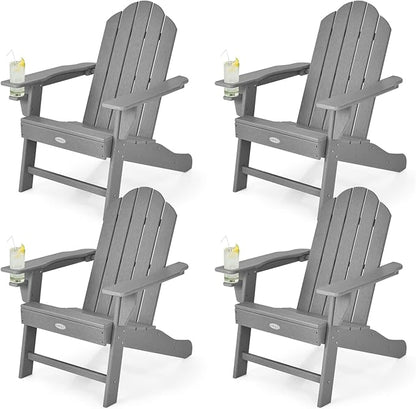 Tangkula Adirondack Chair Outdoor, Fade Resistant HDPE Armchairs with Cup Holder, Weather Resistant Lounger Chairs for Patio Garden Backyard Deck, Lawn Porch Seating, Adirondack Lounger (4, Grey)