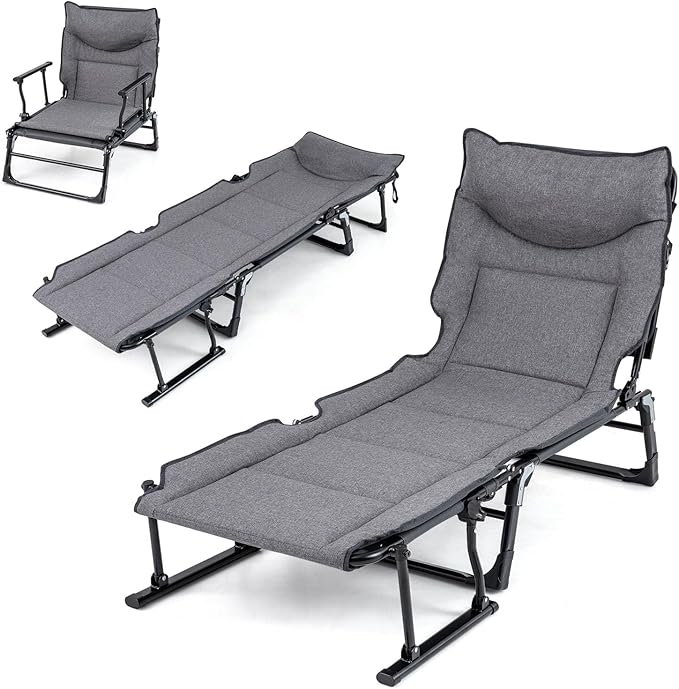 Tangkula 3 in 1 Lounge Chair Outdoor with Cushion, Patio Folding Chaise Lounge Chair with 6-Position Adjustable Backrest & Headrest, Heavy Duty Metal Frame for Pool Lawn Deck Camping