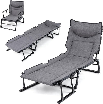 Tangkula 3 in 1 Lounge Chair Outdoor with Cushion, Patio Folding Chaise Lounge Chair with 6-Position Adjustable Backrest & Headrest, Heavy Duty Metal Frame for Pool Lawn Deck Camping
