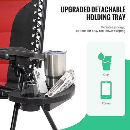 JEAREY Oversized Padded Zero Gravity Chairs Set of 2, Folding Lounge Chair Outdoor Patio Recliner, Anti Gravity Chair for Backyard with Headrest, Cup Holder, Side Tray, Polyester Mesh - Black/Red