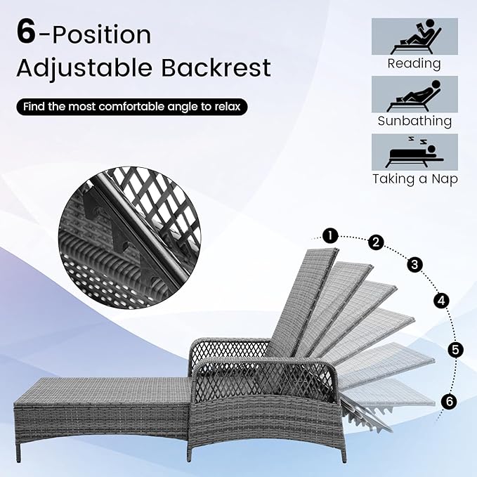 HAPPYGRILL Patio Rattan Chaise Lounge, Outdoor PE Wicker Sun Lounger with Adjustable Backrest - Photo 5
