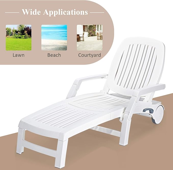 Giantex Chaise Lounge Outdoor 6 Adjustable Backrests Lounge Chair Recliner with Wheels for Patio, Poolside, Garden Foldable Beach Sunbathing Lounger(2, White)