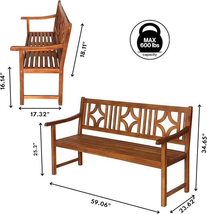 JONATHAN Y BNH100A Sloane 59.1" 3-Seat Ogee Diamond-Back 600-Lbs Support Acacia Wood Outdoor Garden Patio Bench for Garden, Lawn, Backyard, Pool, Deck, Beach, Firepit, Teak