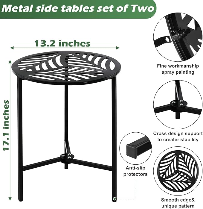 Party Zealot Set of 2 Small Round Metal Side Tables, 13-Inch Black Outdoor End Tables for Patio, Balcony - Photo 3
