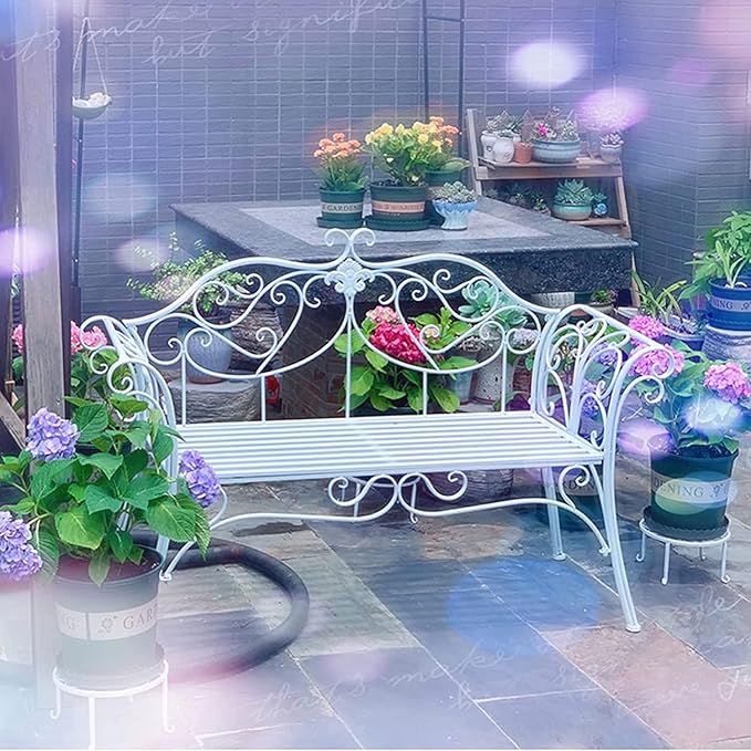 Park Bench Patio Garden Bench Backyard Benches, Metal Garden Bench Seat Park Chair Patio Decoration Furniture, Beautiful Shabby Vintage Outdoor Bench with Backrest (Color : Green)