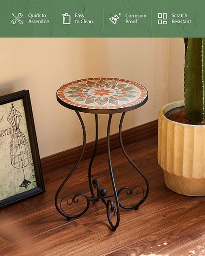 VONLUCE Outdoor Side Table and Mosaic Plant Stand, 21" Round End Table with 14" Ceramic Tile Top for Patio Porch Decor, Indoor and Outdoor Accent Table, Small Coffee Table for Home Garden, Quilt Star