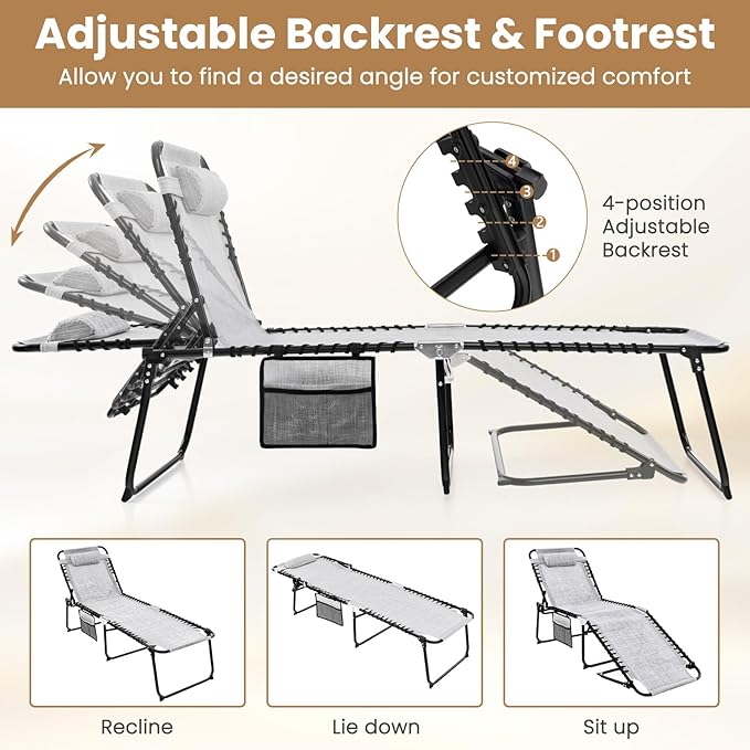 GYMAX Lounge Chairs for Outside, Extra High Folding Beach Tanning Lounger with Adjustable Backrest - Photo 4