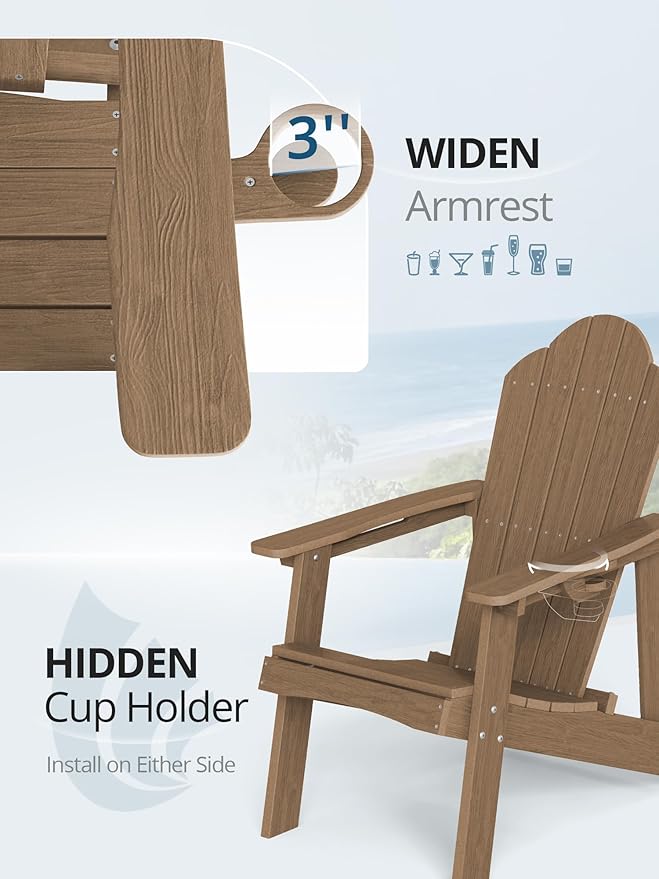 LUE BONA Wood-Grain HDPE Adirondack Chair Set of 1 - Weather Resistant Outdoor Seating with Cup Holder for Cabin, Deck - Photo 4