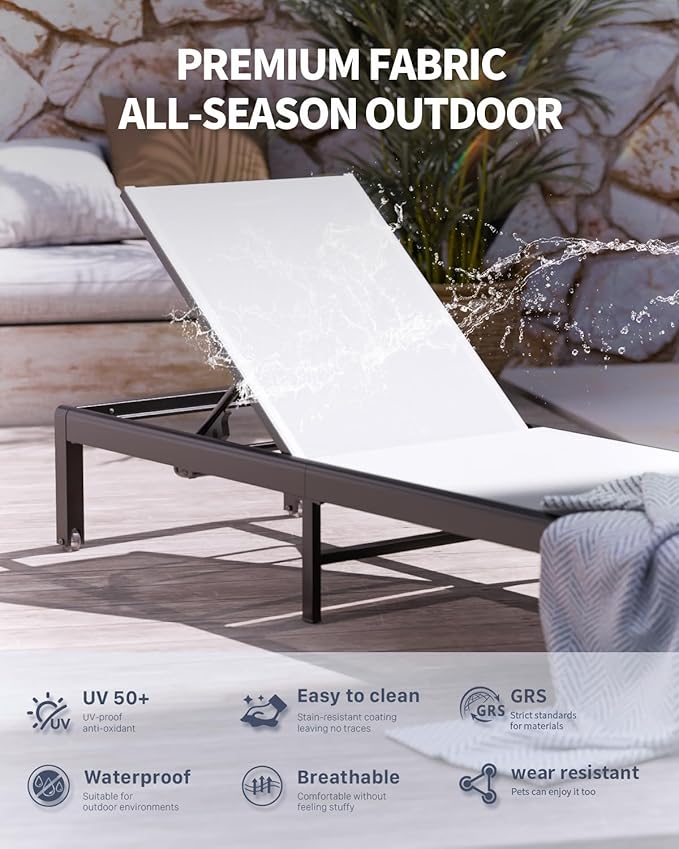 Aluminum Lounge Chairs Outdoor Chaise Furniture,2 Sets Patio Metal Deck Lounger Adjustable 5-Position Poolside Chase Recliner with Wheels for Beach,Coffee Table, (White, 1 Chair)