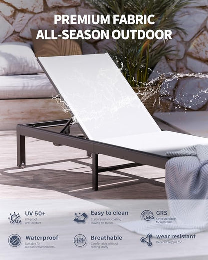 Aluminum Lounge Chairs Outdoor Chaise Furniture,2 Sets Patio Metal Deck Lounger Adjustable 5-Position Poolside Chase Recliner with Wheels for Beach,Coffee Table, (White, 2 Chairs + Table)