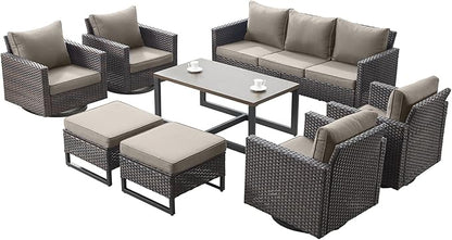 Rilyson Wicker Outdoor Patio Furniture Set - 8 Piece Patio Conversation Set with 4 Swivel Rocker Chairs,2 Rattan Ottoman,1 Couch and 1 Metal Coffee Table for Outside Porch Deck Backyard(Brown/Grey)