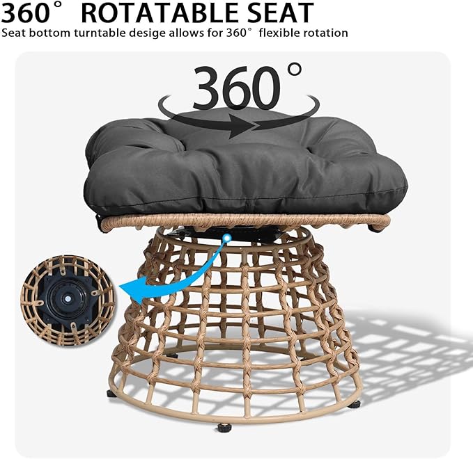 2 Pieces Swivel Outdoor Ottomans for Patio Foot Rest, PE Rattan Wicker Ottoman with Cushions - Photo 3
