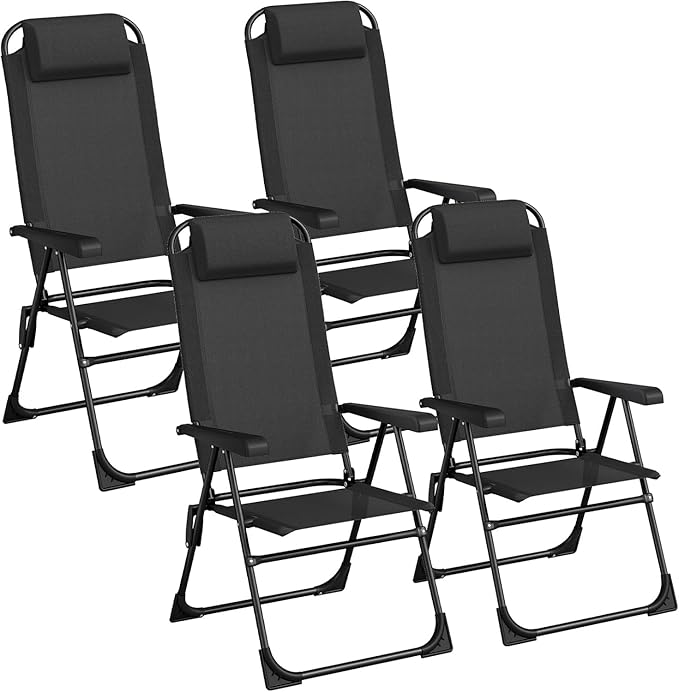 TLSUNNY Folding Patio Chairs Set of 4, Outdoor Lawn Chair w/ 5 Level Adjustable Teslin Back, Removable Headrest - Photo 1