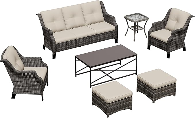 Wicker Patio Furniture Sets, 7 Pieces Outdoor Furniture with Patio Chairs, Outdoor 3-Seater Sofa, Ottoman, Coffee Table - Photo 9
