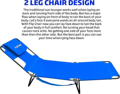 Face Down Tanning Chaise Lounge Chair - Face & Arm Holes - 2 Legs Support - Polyester Material – Backrest Positions - Head Rest Pillow - Beach or Home Use – Read and Tan - Blue Stripes Pattern