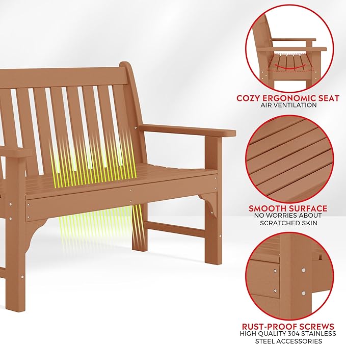 Costaelm Garden Bench, Farmhouse Park Front Porch for Entryway Bench Outdoor Seating Low Bench Patio Bench Outside/Indoor, Teak