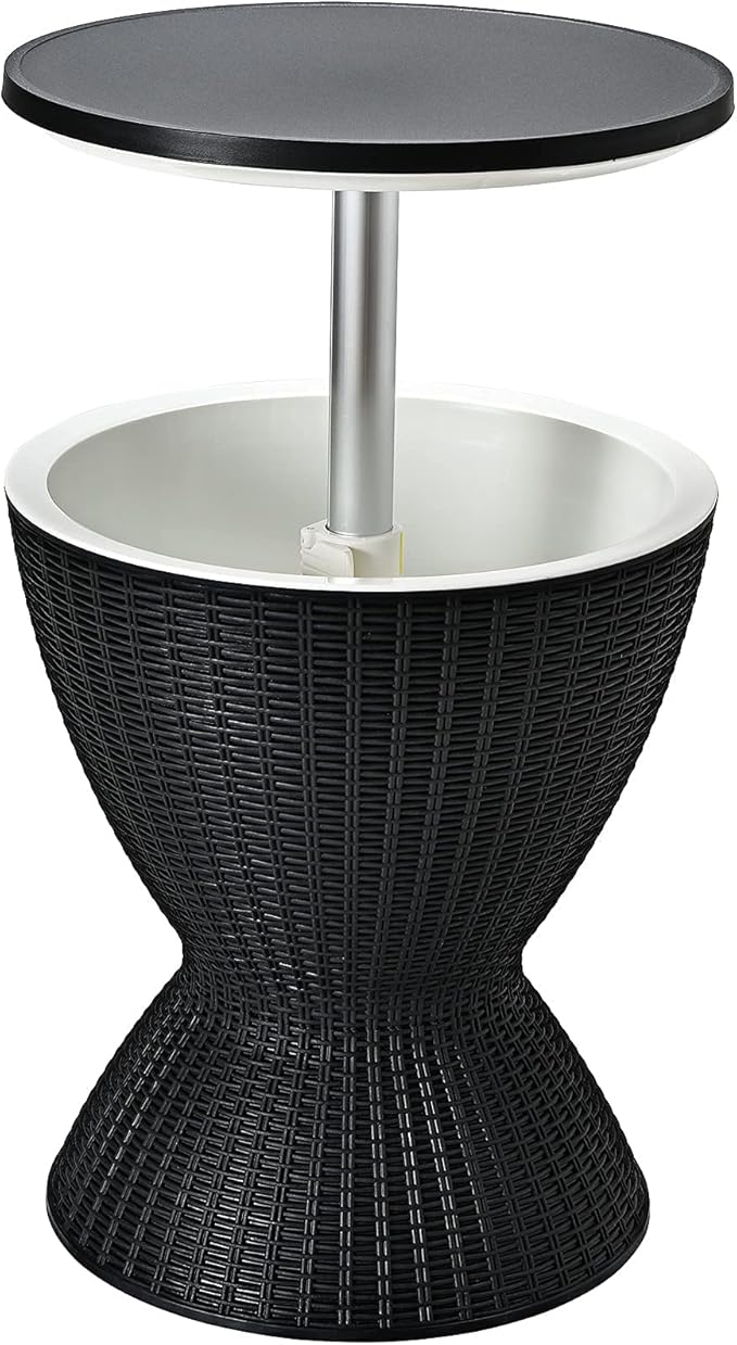 Giantex Outdoor Ice Cooler Side Table with Adjustable Height, 8 Gal Beverage Bucket with Drain Plug, Rattan Patio Bar Table for Poolside, Deck, BBQ & Backyard Parties