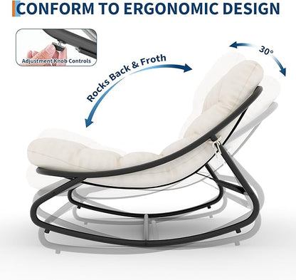 GarveeLife Rocking Papasan Chair, Outdoor Rocker Chair with Thick Waterproof Cushion, 300lbs Heavy Duty Metal Patio Rocking Chair for Garden, Porch, Nursery, Silla Mecedora para Adulto-Beige