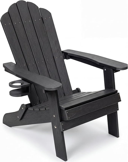 JEKO&JEKO Folding Adirondack Chair, All-Weather Outdoor Chair with Cup Holder, Plastic Adirondack Chair for Patio, Garden, Lawn, Porch, Deck, Backyard – Black