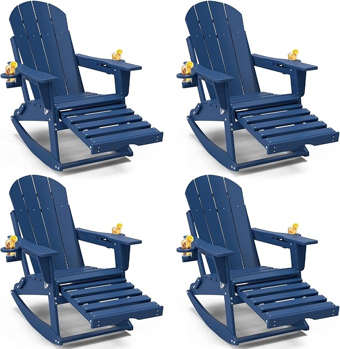 Adirondack Rocking Chairs Set of 4 with Retractable Ottoman, All Weather Folding Adirondack Chair with Two Cup Holders, Adirondack Outdoor Rocking Chairs for Porch, Patio, Balcony. Navy Blue