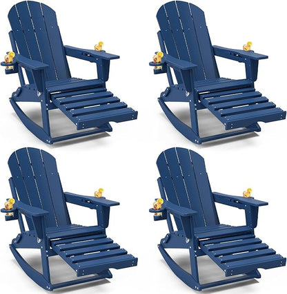 Adirondack Rocking Chairs Set of 4 with Retractable Ottoman, All Weather Folding Adirondack Chair with Two Cup Holders, Adirondack Outdoor Rocking Chairs for Porch, Patio, Balcony. Navy Blue