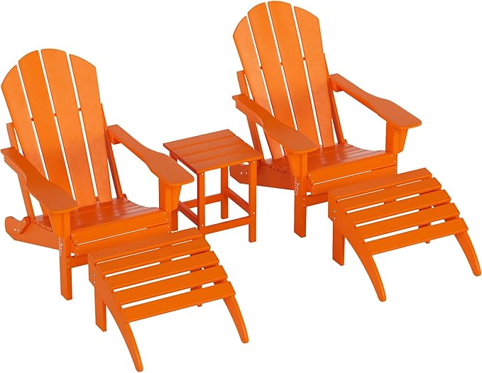 WestinTrends Malibu Outdoor Lounge Chairs Set, 5-Pieces Adirondack Chair Set of 2 with Ottoman and Side Table, All Weather Poly Lumber Patio Lawn Folding Chair for Outside, Orange