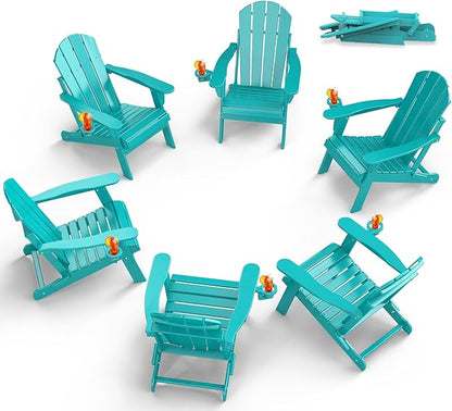 BRIOPAWS Folding-Adirondack-Chairs Set of 6 | HDPE | Fire Pit Chair | Cup Holder | Weather Resistance | Aqua | for Outdoor Backyard Deck Patio