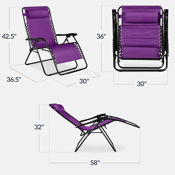 Best Choice Products Set of 2 Extra Wide Adjustable Steel Mesh Zero Gravity Lounge Chair Recliners w/Pillows and Cup Holder Trays - Amethyst Purple