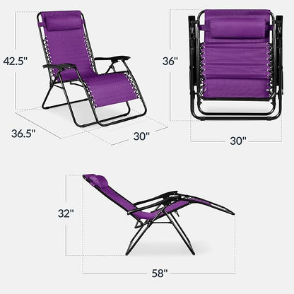 Best Choice Products Set of 2 Extra Wide Adjustable Steel Mesh Zero Gravity Lounge Chair Recliners w/Pillows and Cup Holder Trays - Amethyst Purple
