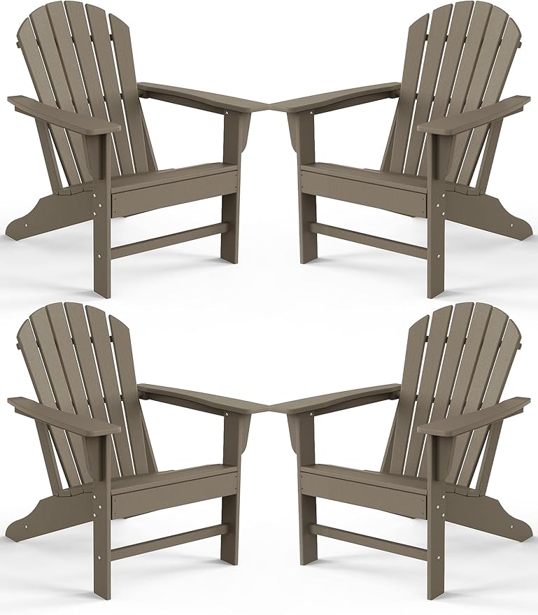 Farmhouse Adirondack Chair Set of 4, Poly Lumber Patio Chairs, Pre-Assembled Weather Resistant Outdoor Chairs for Pool, Deck, Backyard, Garden, Fire Pit Seating, Weather Wood