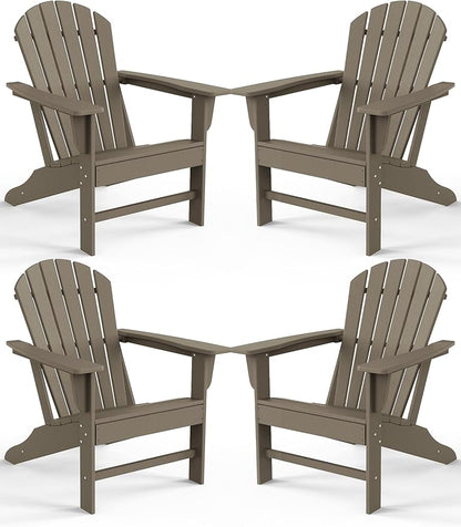 Farmhouse Adirondack Chair Set of 4, Poly Lumber Patio Chairs, Pre-Assembled Weather Resistant Outdoor Chairs for Pool, Deck, Backyard, Garden, Fire Pit Seating, Weather Wood
