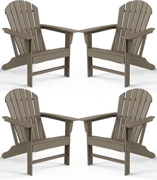 Farmhouse Adirondack Chair Set of 4, Poly Lumber Patio Chairs, Pre-Assembled Weather Resistant Outdoor Chairs for Pool, Deck, Backyard, Garden, Fire Pit Seating, Weather Wood