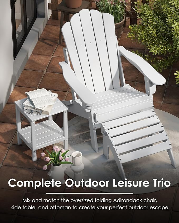 GREENVINES Oversized-Folding-Adirondack-Chairs-Set-of-2 | HDPE Plastic | Cup Holder | Fire Pit Chair | All Weather | for Outdoor Deck Backyard | White