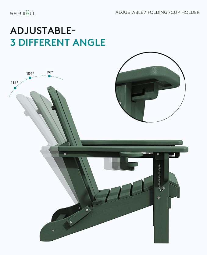 SERWALL Folding Adirondack Chair Set of 2, Reclining Adirondack Chair with 3 Recline Positions, All Weather HDPE Outdoor Adirondack, Green