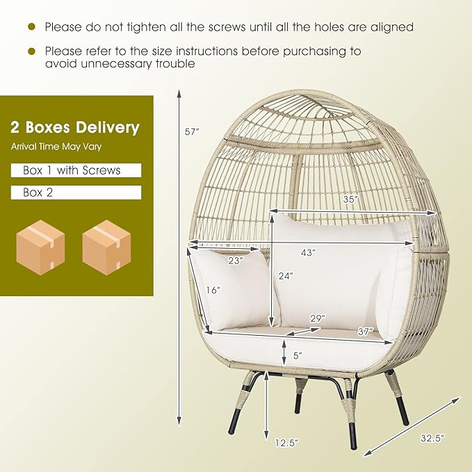 Giantex Oversized Wicker Egg Chair, Outdoor & Indoor Hammock Chair with Thick Cushions, 2-Person PE Rattan Lounge Chair Swing Chair for Patio, Backyard,Porch, 450 LBS Weight Capacity (Light Brown)
