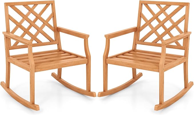 Tangkula Teak Wood Rocking Chair, Oversized Porch Rocker with Backrest and Slatted Seat, Outdoor Rocker Chair for Patio, Backyard and Lawn, 330 LBS Weight Capacity (2, 32 x 28 x 35 Inch)