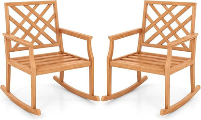 Tangkula Teak Wood Rocking Chair, Oversized Porch Rocker with Backrest and Slatted Seat, Outdoor Rocker Chair for Patio, Backyard and Lawn, 330 LBS Weight Capacity (2, 32 x 28 x 35 Inch)