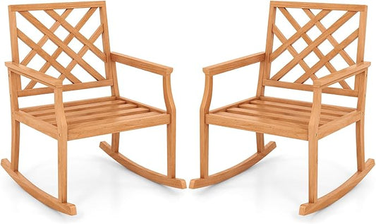 Tangkula Teak Wood Rocking Chair, Oversized Porch Rocker with Backrest and Slatted Seat, Outdoor Rocker Chair for Patio, Backyard and Lawn, 330 LBS Weight Capacity (2, 32 x 28 x 35 Inch)
