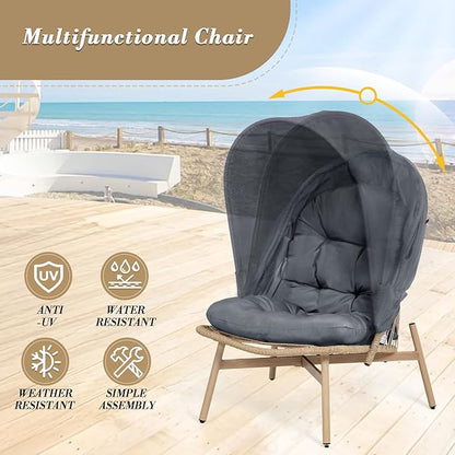Athena Collection Patio Wicker Egg Chair with Folding Canopy, All-Weather Rattan Patio Lounge Chair with Sun Shade, Balcony Furniture Outside Seating for Front Porch, Garden, Poolside, Outdoor, Grey