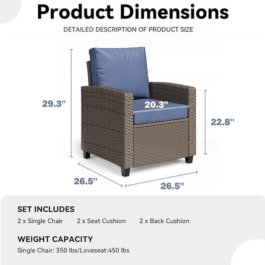 2 Pieces Patio Furniture Set, Outdoor Wicker Chairs Set of 2, All Weather High Back Rattan Chairs, Seating Club Chair Porch Chairs Set with Cushions for Balcony Porch Deck, Blue
