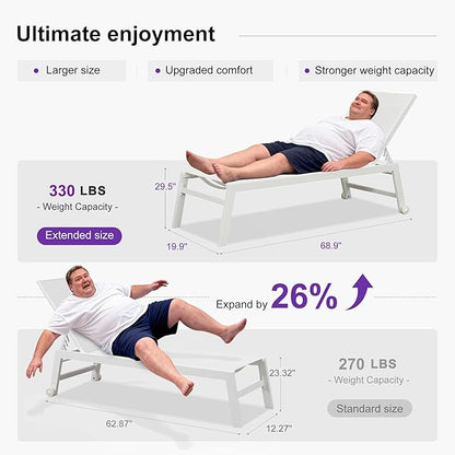 PURPLE LEAF Oversize Chaise Lounge Chair Outdoor 2 Pieces White Aluminum Lounge Chair with Wheels and Table for Pool Deck Patio, Ivory