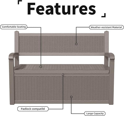 Vixzen 80 Gallon Outdoor Storage Bench Deck Box, Lockable All-Weather Resin Seating with Hidden Storage, Waterproof Patio Furniture for Garden, Pool, Gray