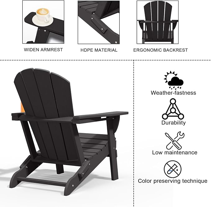 Folding Adirondack Chairs with Cup Holders, Set of 4 HDPE Plastic Outdoor Chairs, Weather Resistant, Real Wood Look - Photo 8