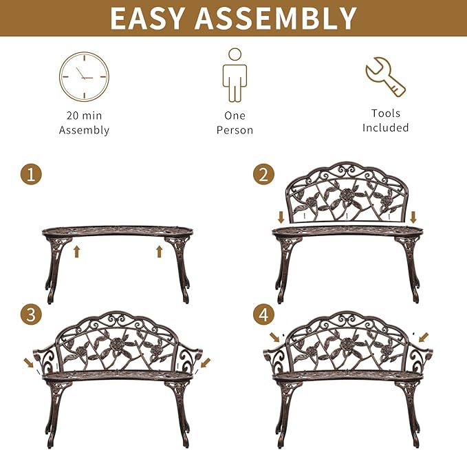 YRLLENSDAN Outdoor Bench 40in Steel Front Porch Decor Floral Garden Bench, Rose Metal Bench Outdoor Loveseat Cast Iron Patio Furniture Lawn Path Yard Deck Decor for 2 Person Seat, Bronze